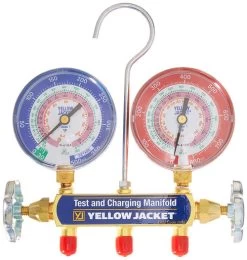 Yellow Jacket 42001 Manifold With 3-1/8" Color-Coded Gauges, Psi, R-22/404A/410A