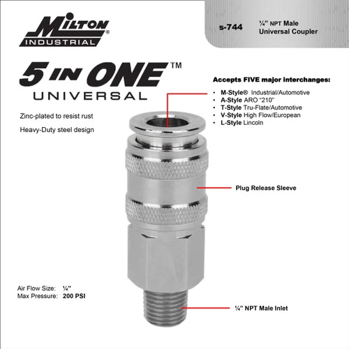 Milton S744 Universal Coupler, 1/4" Body; 1/4" MNPT 5 Milton S744 Universal Coupler, 1/4" Body; 1/4" MNPT - Image 3